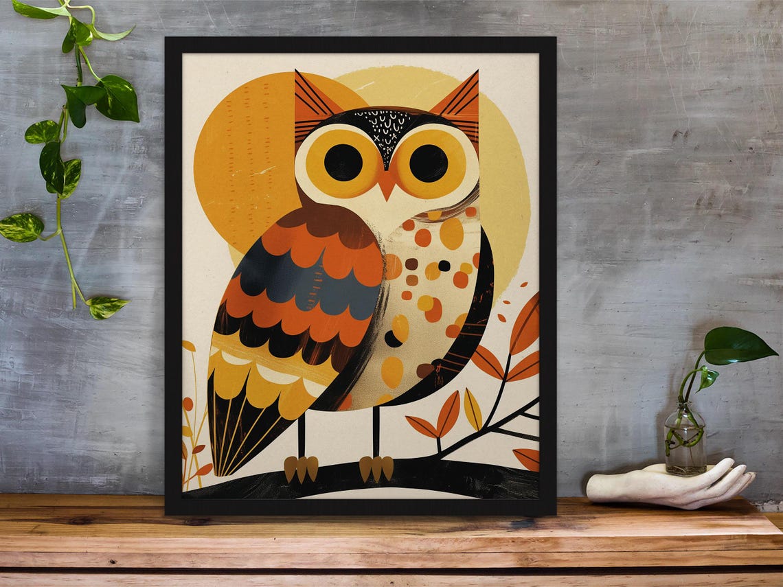 Whimsical Folk Art Owl on a Branch with a Warm Golden Sun Poster - Image 5