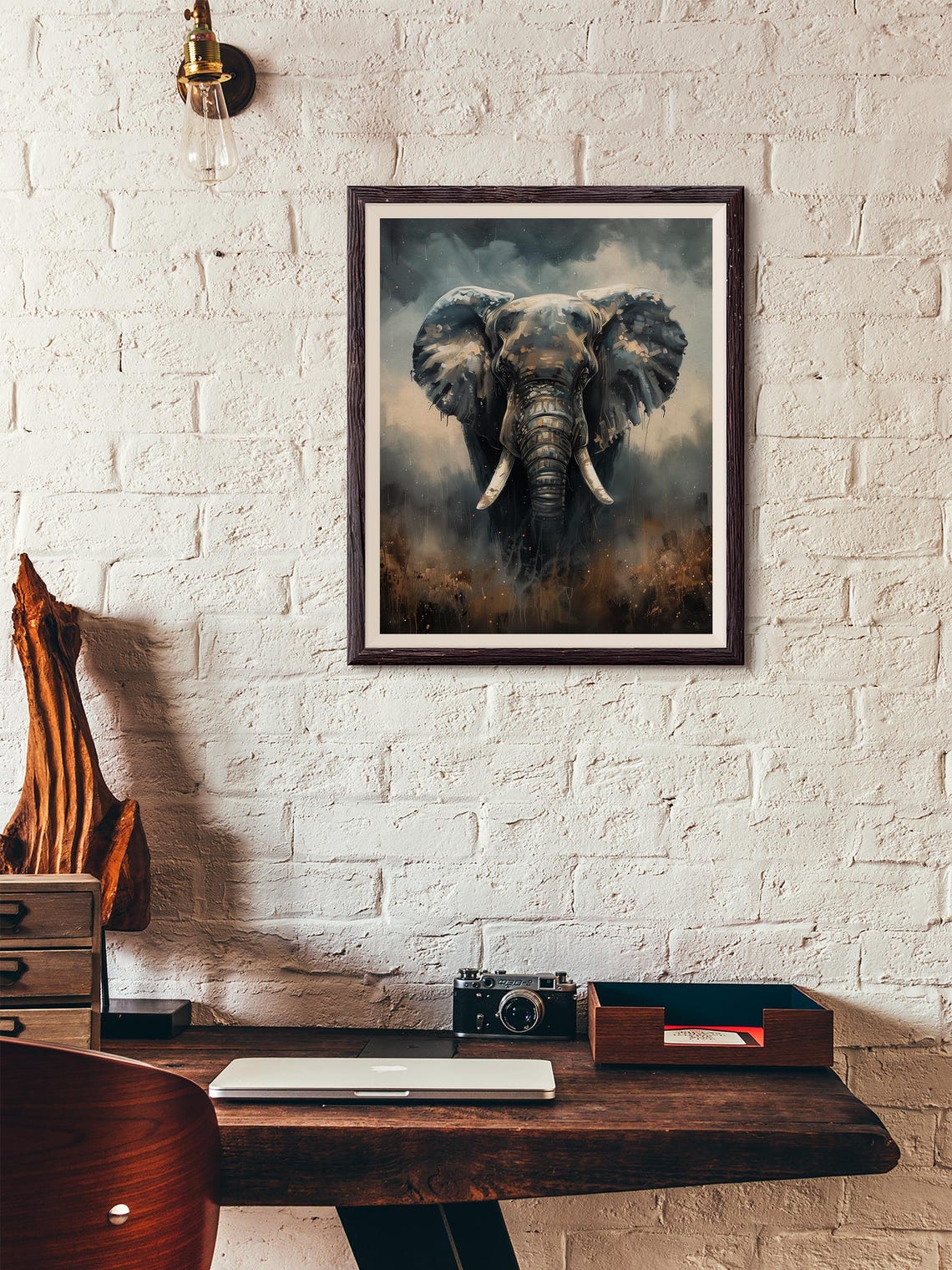 Elephant Portrait Gray Watercolor Moody Dramatic Wildlife Art Poster - Image 3