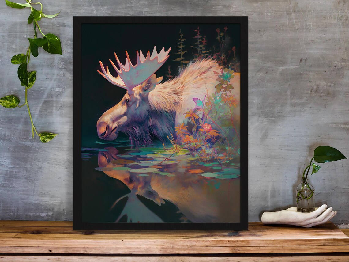Moose Bull Drinking at Dark Water With Mirror Reflection Painting Poster - Image 6