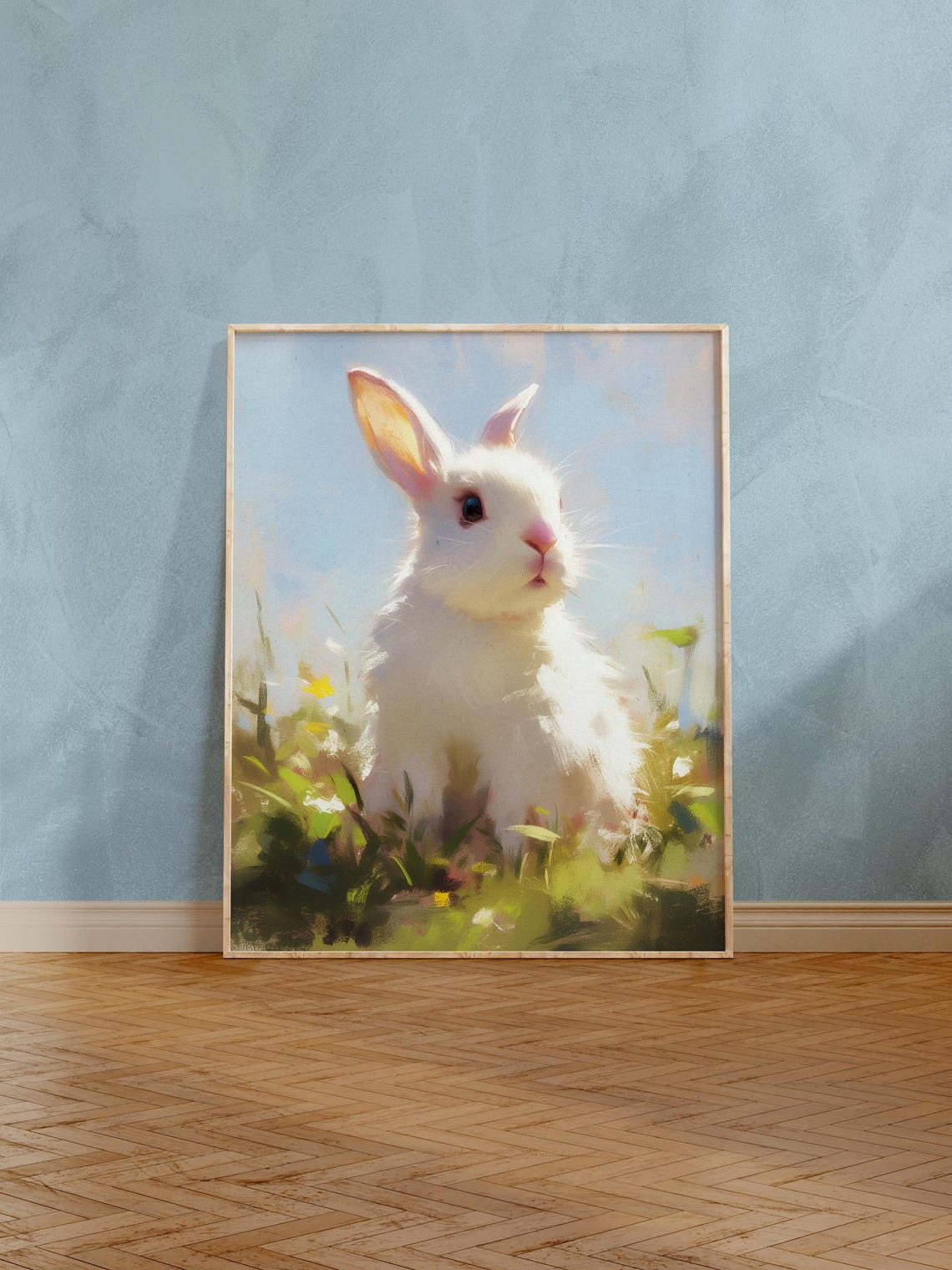 Sweet White Baby Bunny Sitting in a Sunny Flower Meadow Art Poster - Image 2