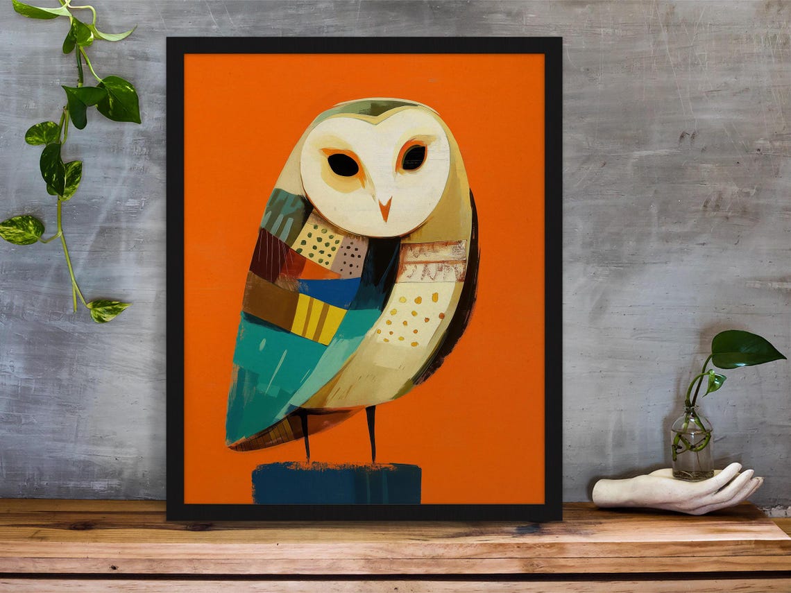 Geometric Patchwork Barn Owl on a Bold Orange Background Art Poster - Image 5