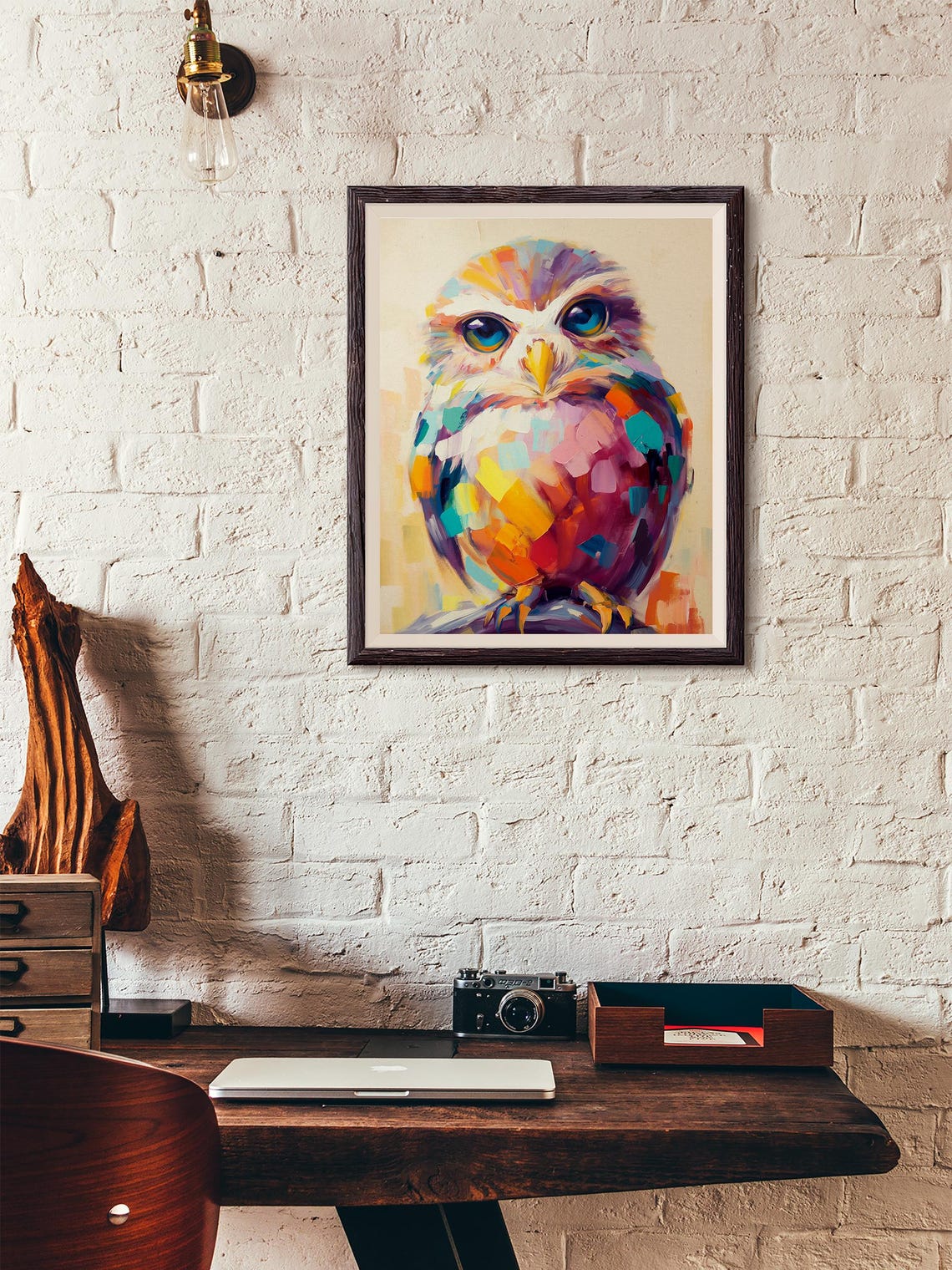 Colorful Mosaic Owl With Striking Blue Eyes on Cream Background Poster - Image 4