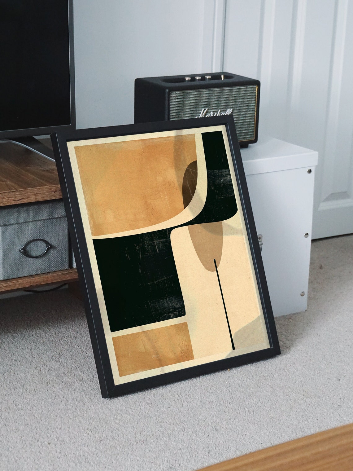 Minimalist Tan and Deep Teal Abstract Mid Century Art Poster - Image 8