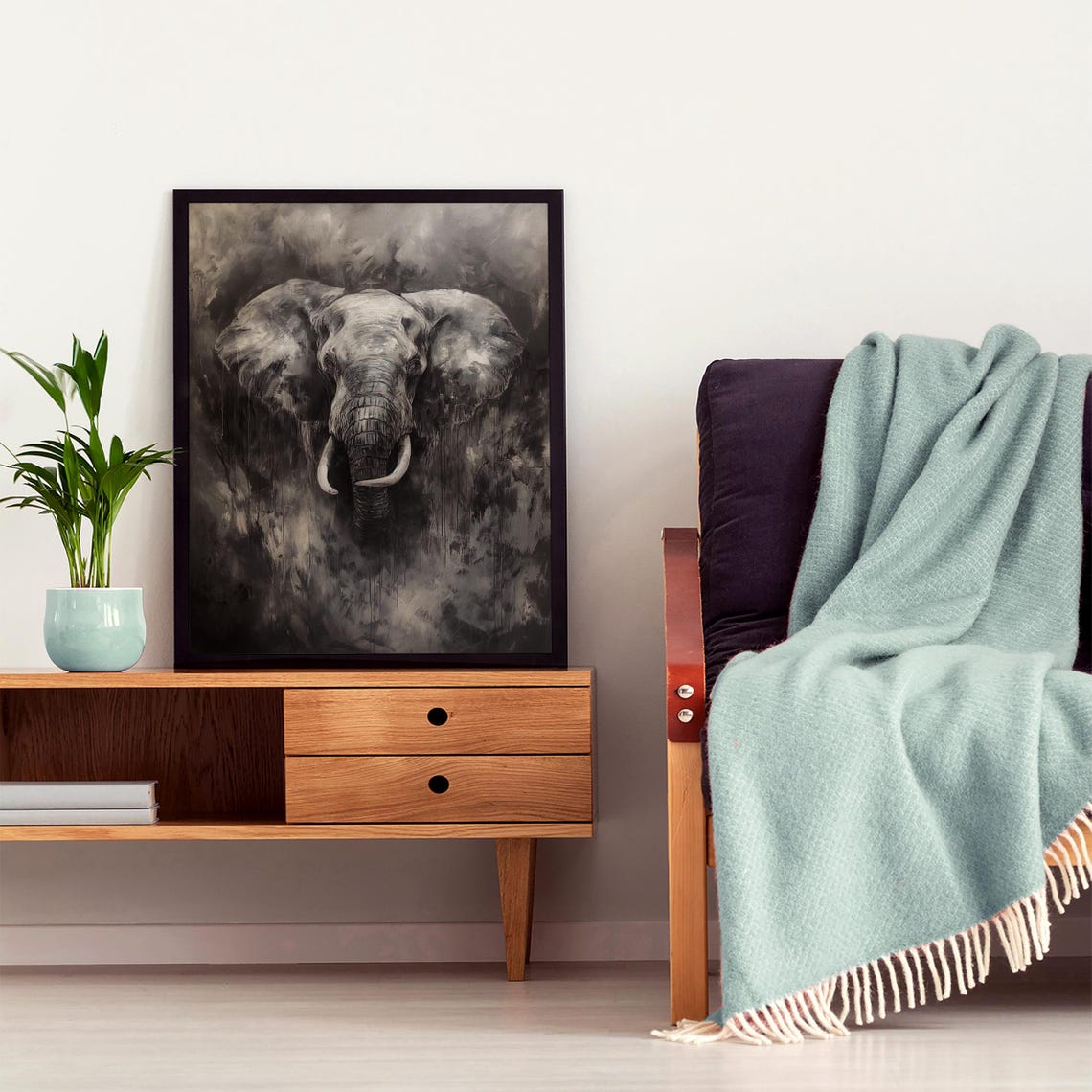 African Elephant Head Charcoal Style Dramatic Wildlife Art Poster - Image 4