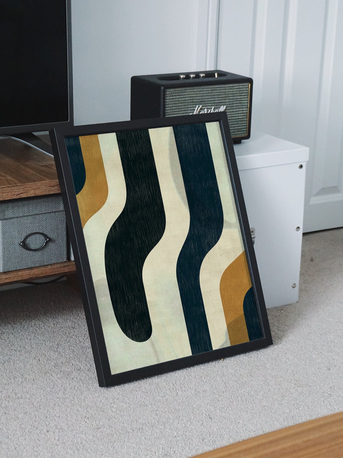 Vertical Wavy Stripes Navy Cream Ochre Retro Abstract Poster - Image 6