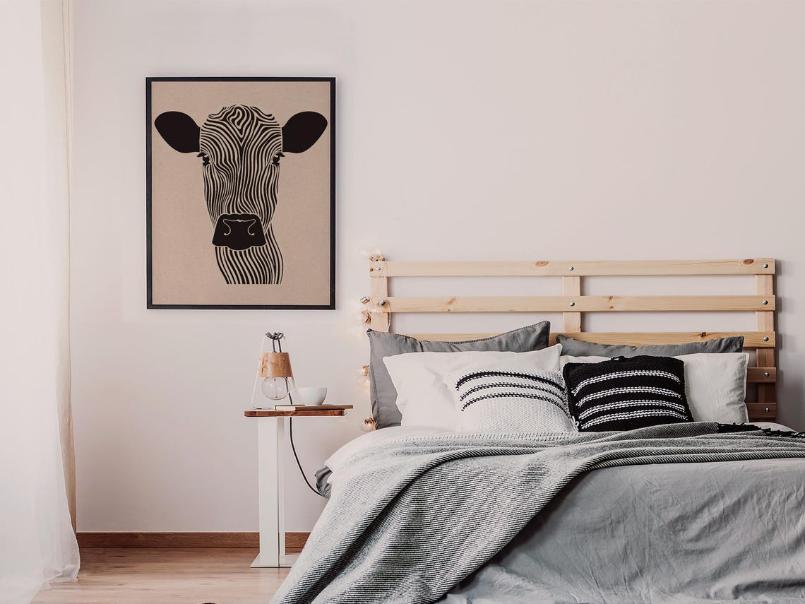 Bold Graphic Black and White Zebra-Striped Cow Head Line Art Poster - Image 7