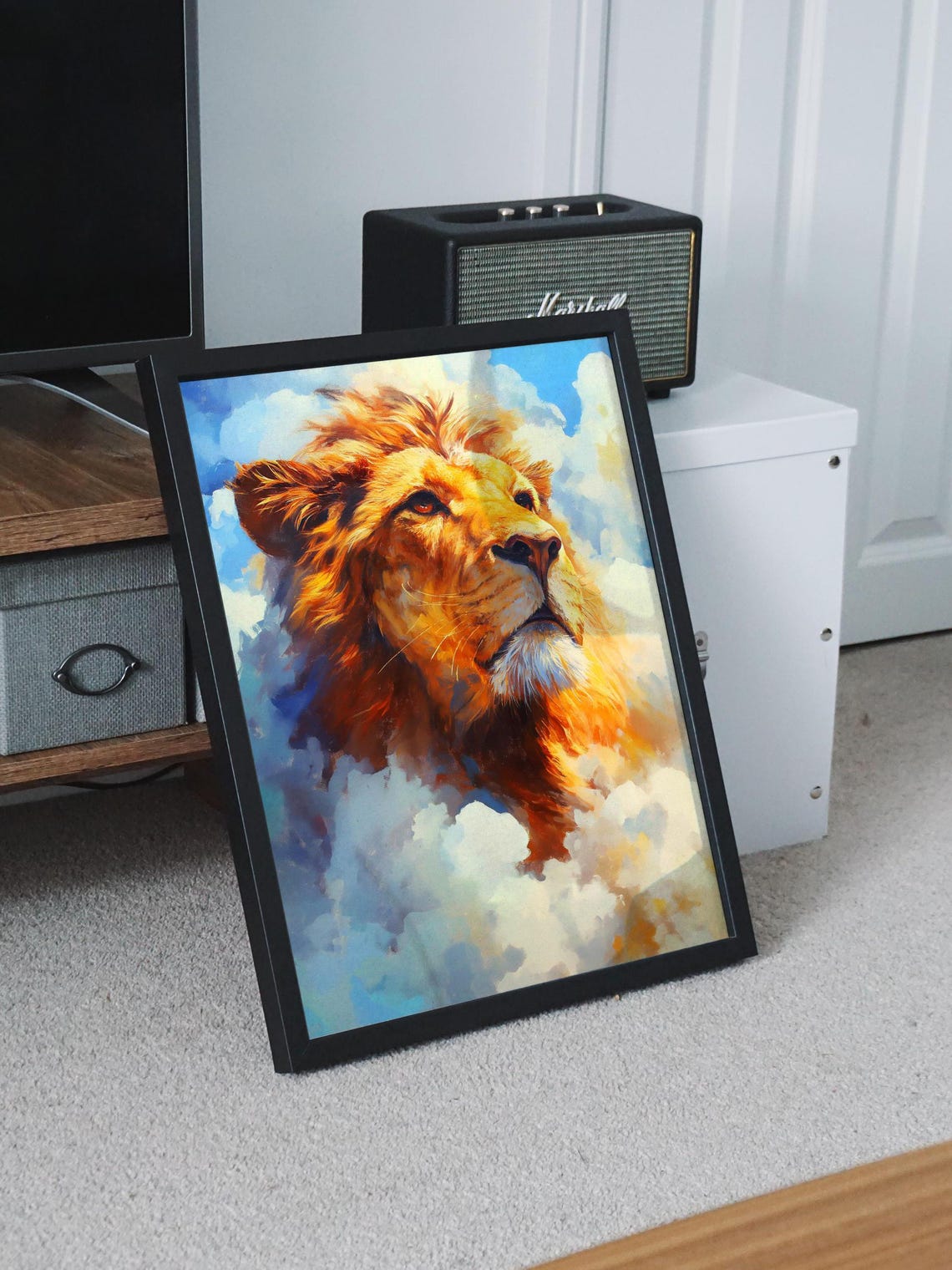 Noble Lion Emerging from Soft Clouds in a Bright Blue Sky Poster - Image 8
