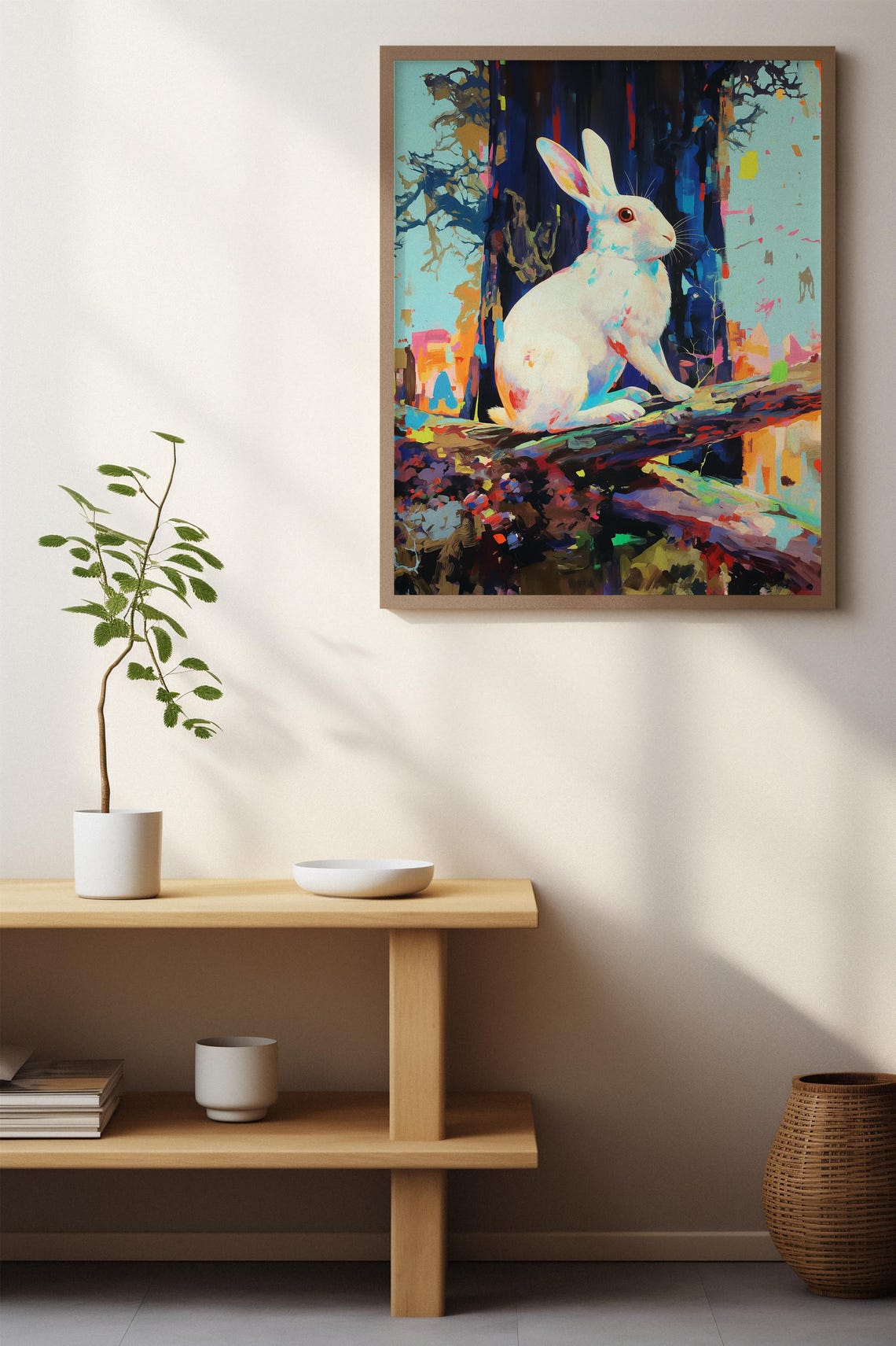 White Rabbit Sitting on a Branch With Colorful Abstract Forest Poster - Image 2