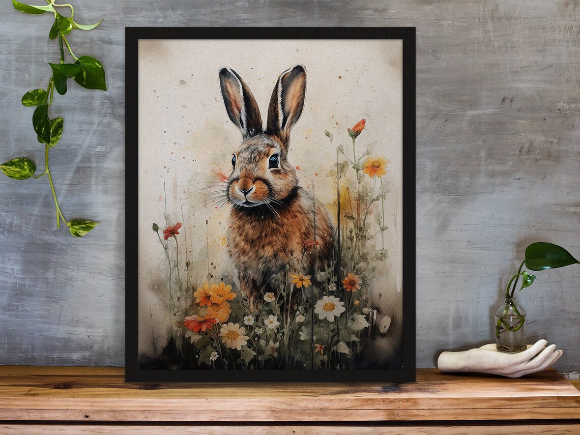 Brown Hare in Wildflower Garden Watercolor Meadow Art Poster - Image 6