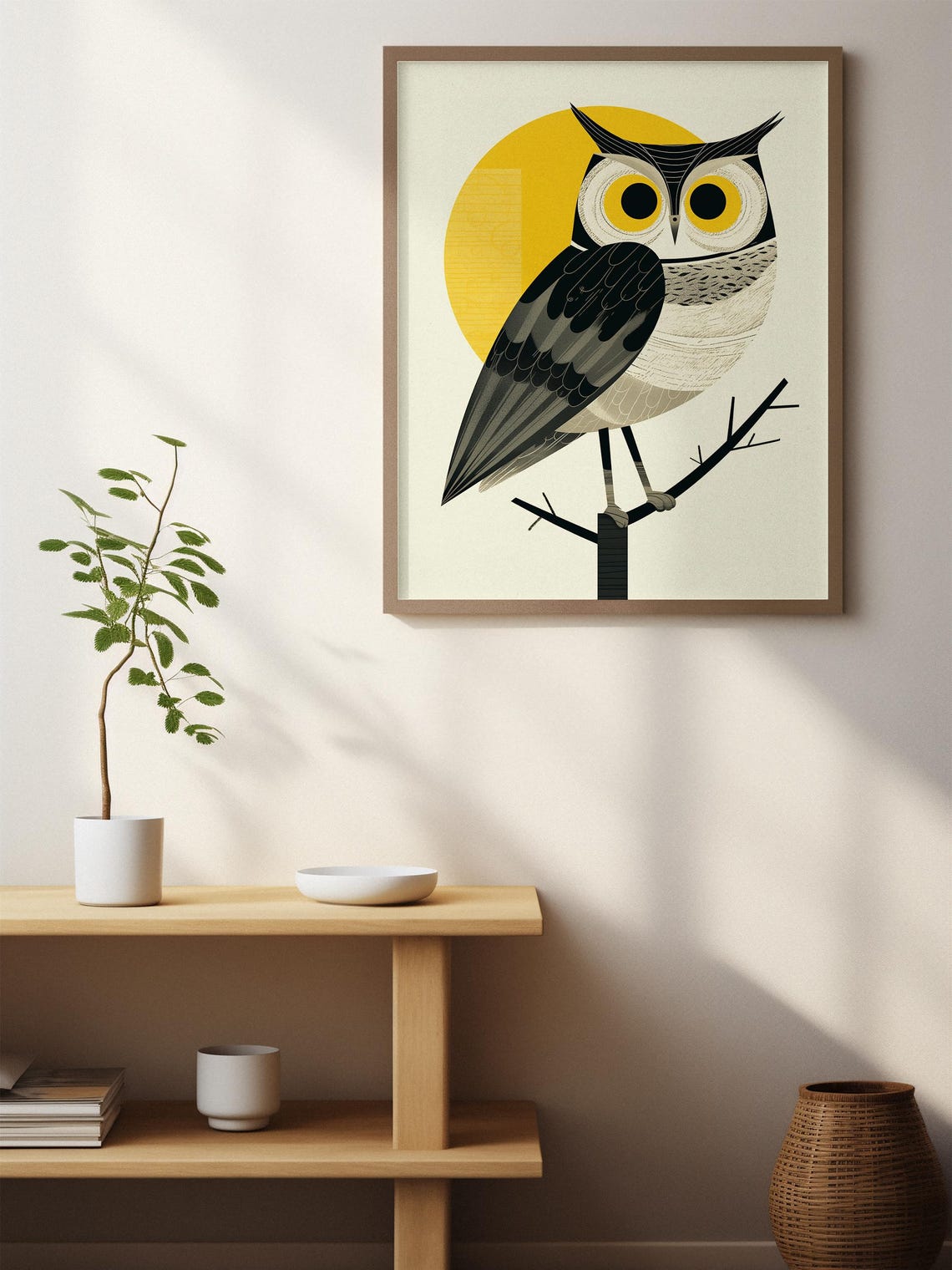 Retro Geometric Owl Perched on a Branch Under a Golden Sun Poster - Image 7