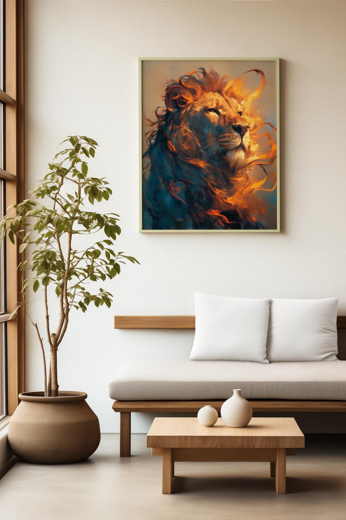 Regal Lion Profile with a Fiery Mane in Teal and Amber Poster - Image 2