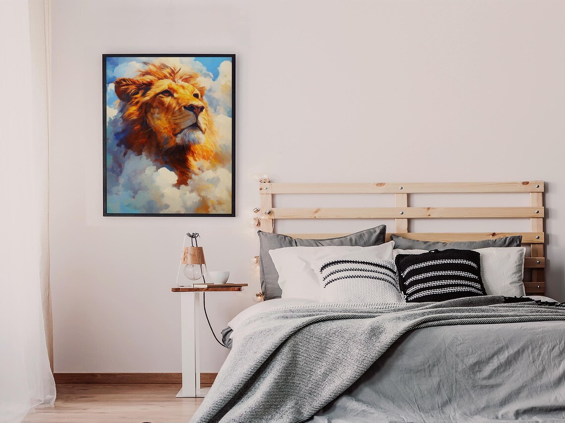 Majestic Golden Lion Looking Skyward Through Blue Clouds Oil Style Poster - Image 7