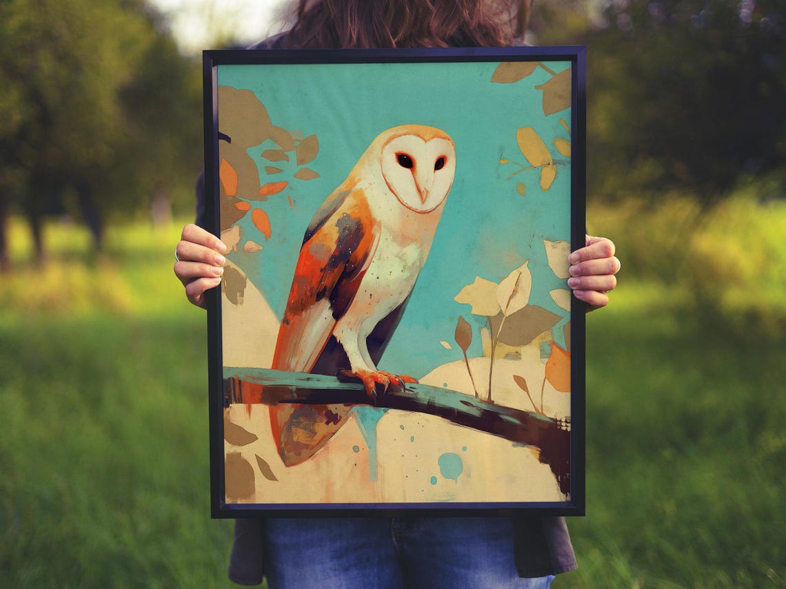 Barn Owl on a Branch in Teal and Coral Watercolor Style Poster - Image 3