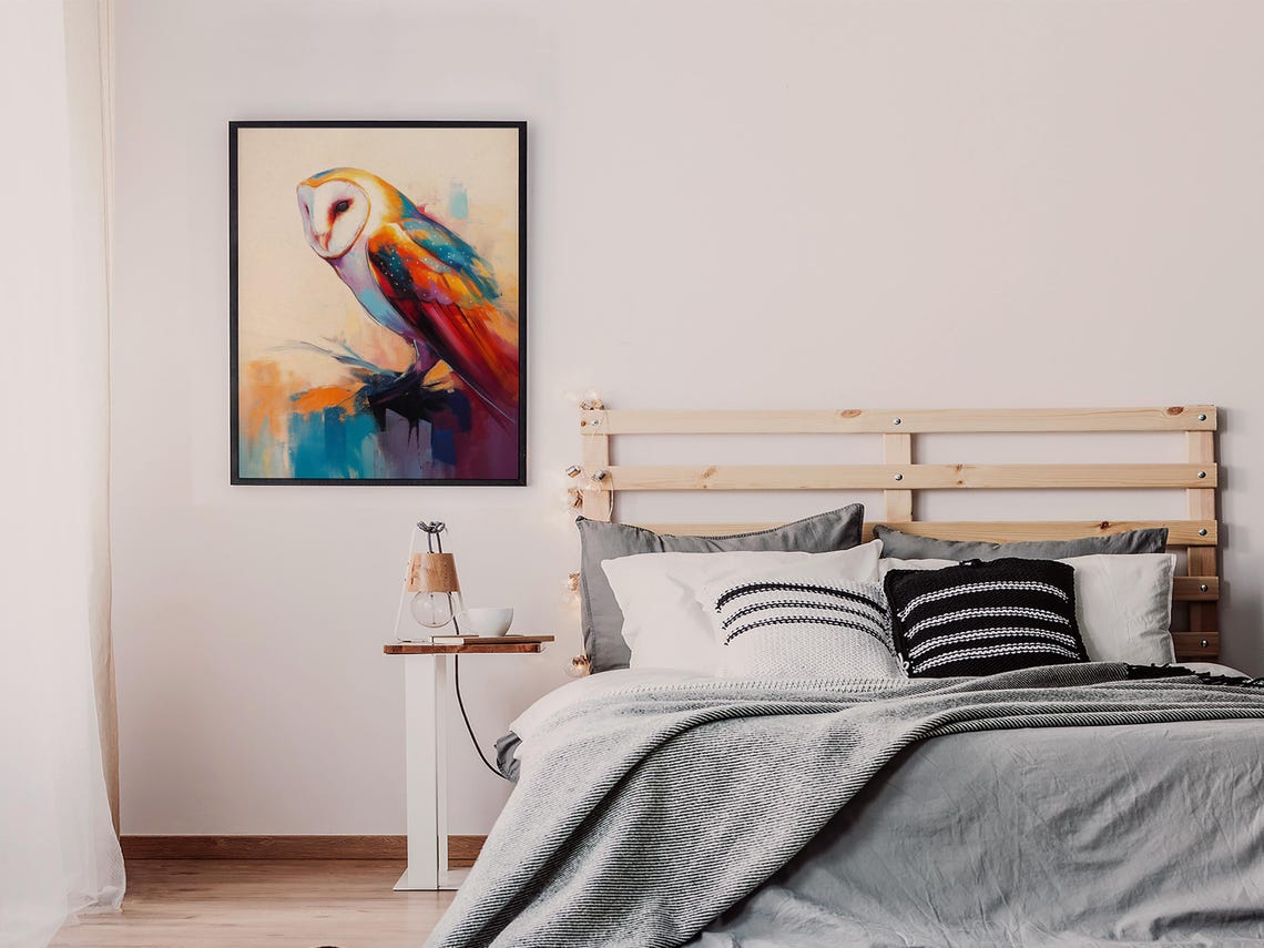 Barn Owl in Profile With Rainbow Painted Plumage on Cream Poster - Image 8