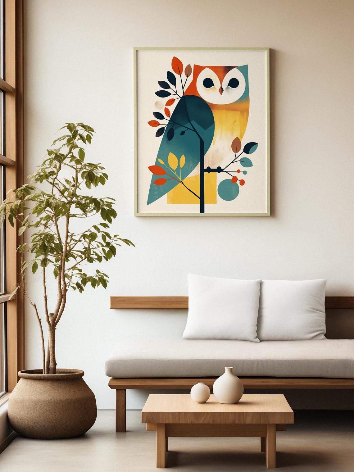 Geometric Mid-Century Owl on a Branch with Autumn Leaves Poster - Image 2