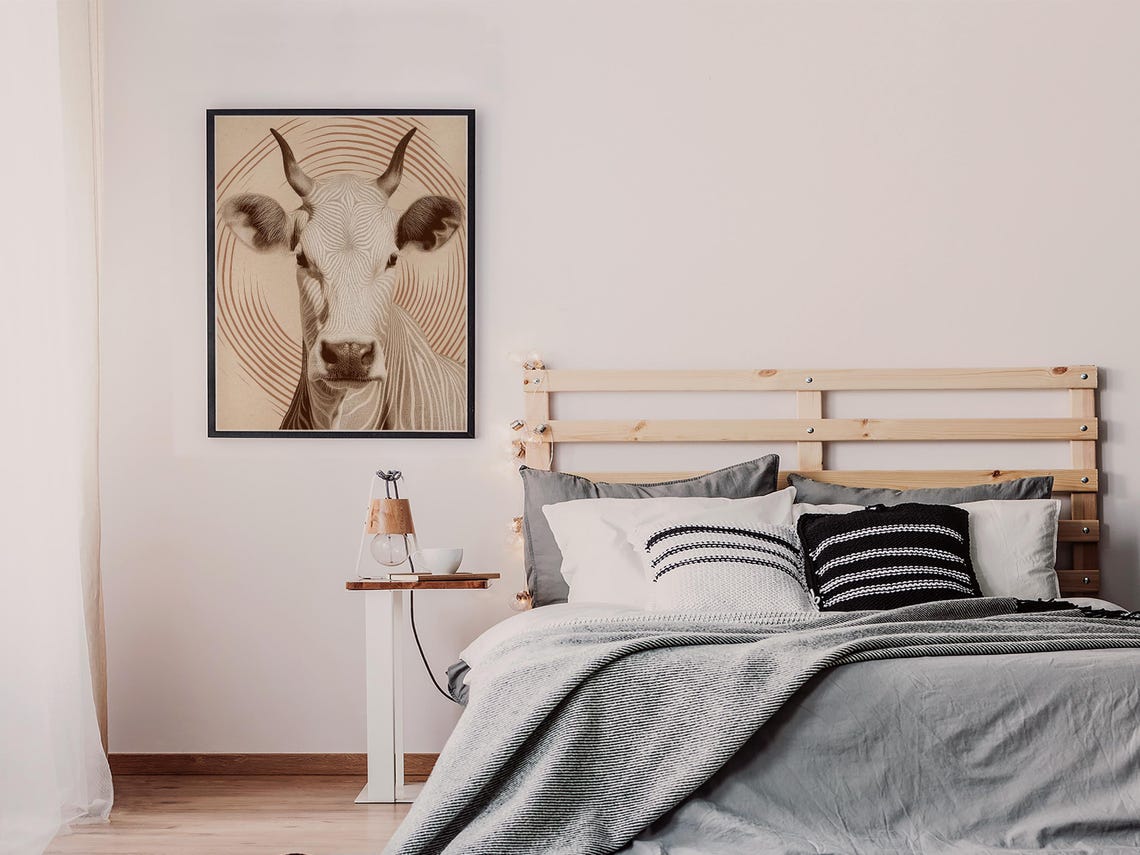 Minimalist Line Art Cow with Spiral Arcs in Sepia Tones Poster - Image 6