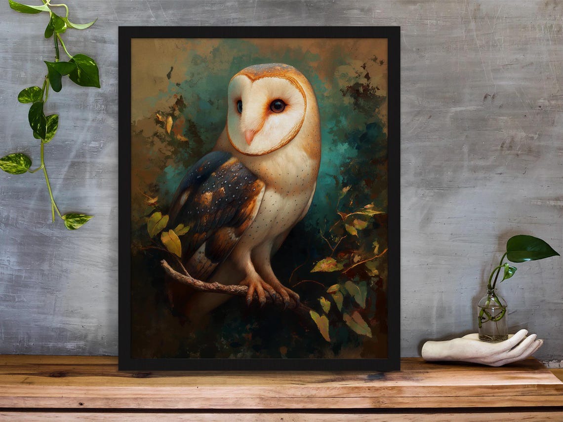Barn Owl Perched on a Branch in Moody Forest Green Tones Poster - Image 4