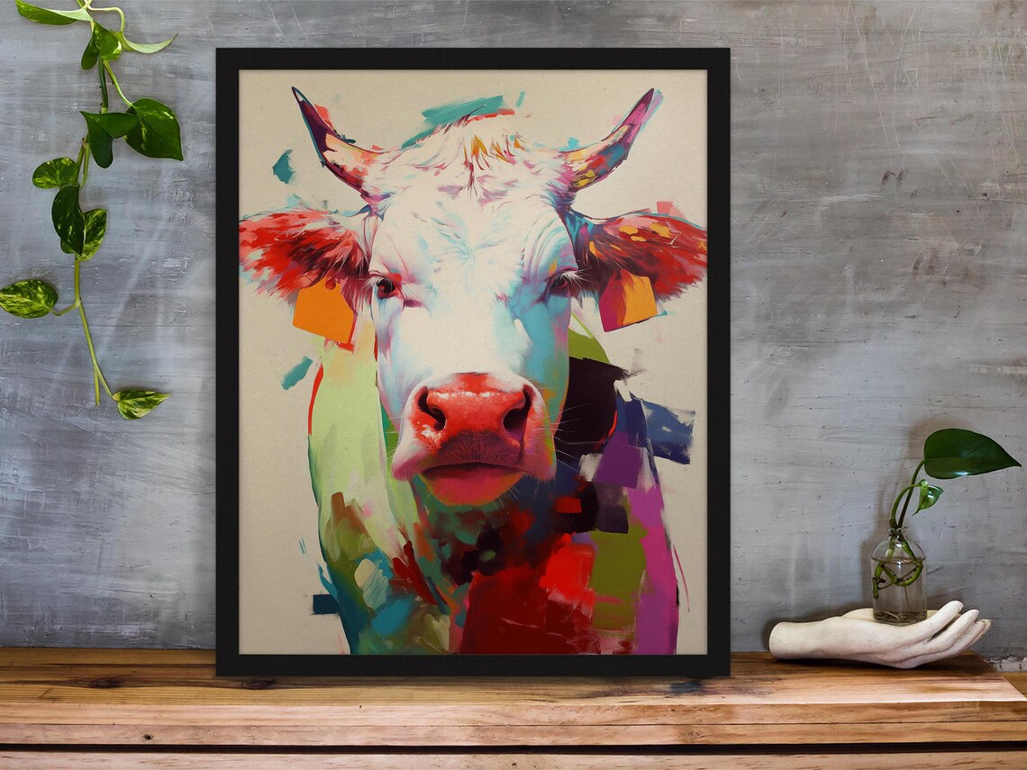 Vibrant Pop Art Cow Portrait in Teal, Red and Coral Hues Poster - Image 4