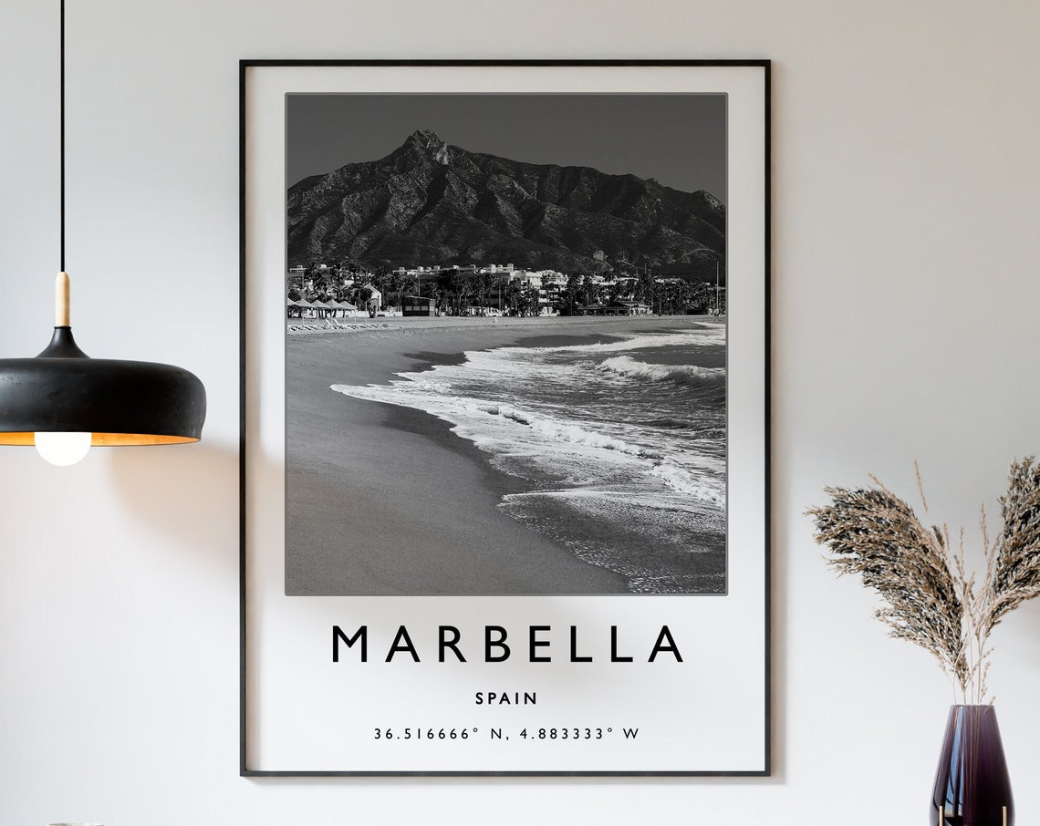 Marbella Spain Black and White Beach Photography Coordinates Poster