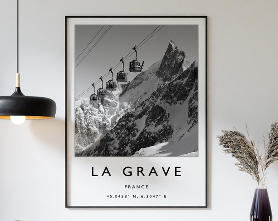 La Grave France Cable Car Snowy Peaks Black White Photo Poster