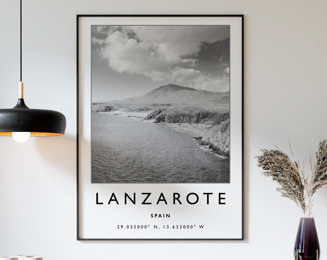 Lanzarote Spain Travel Poster, Black and White Art Print