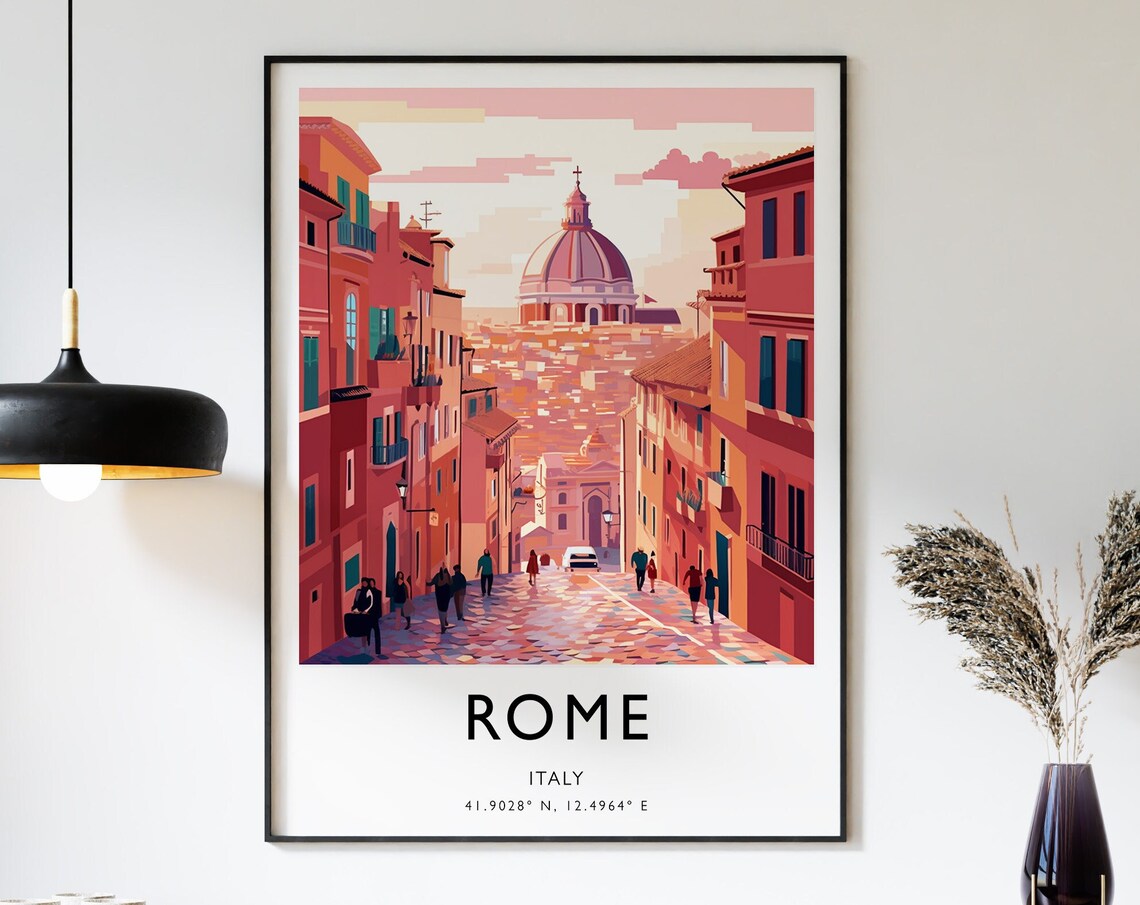 Rome Italy Colorful Historic Street Domed Church Art Travel Poster