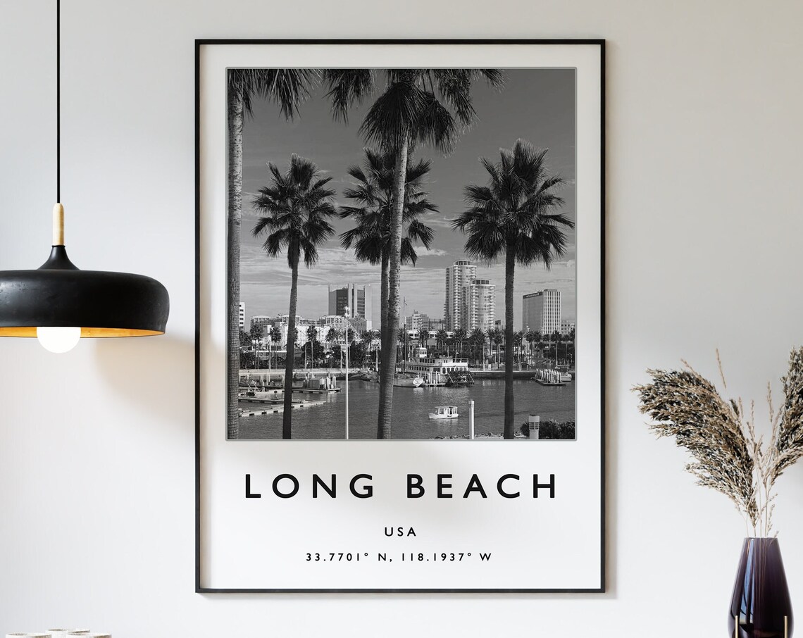 Long Beach Travel Poster, Black-And-White Photo Decor