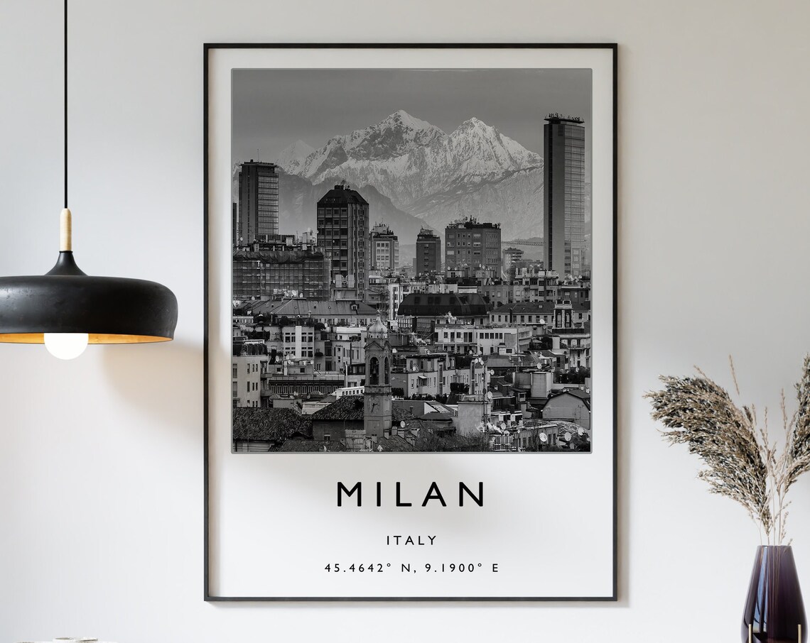 Milan Italy Black and White Skyline Alps Photo Travel Poster