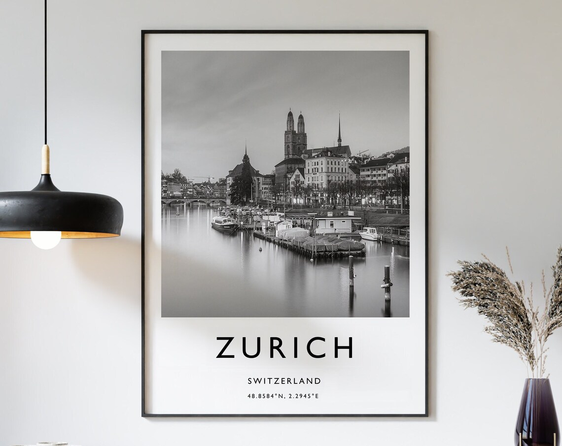 Zurich Travel Poster Travel Print Switzerland Travel Poster Black And White Cities City Gift Coordinates Vintage Photography