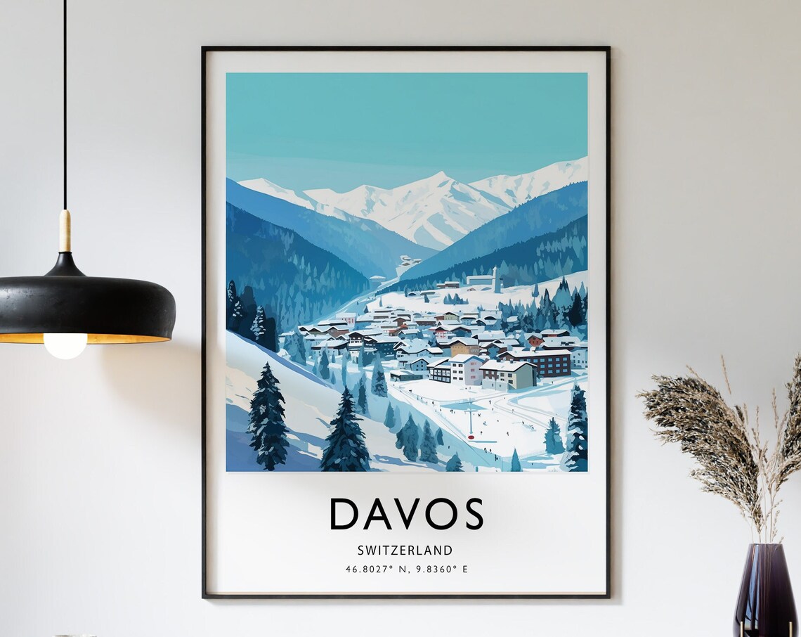 Davos Travel Poster, Skiing Switzerland Travel Art