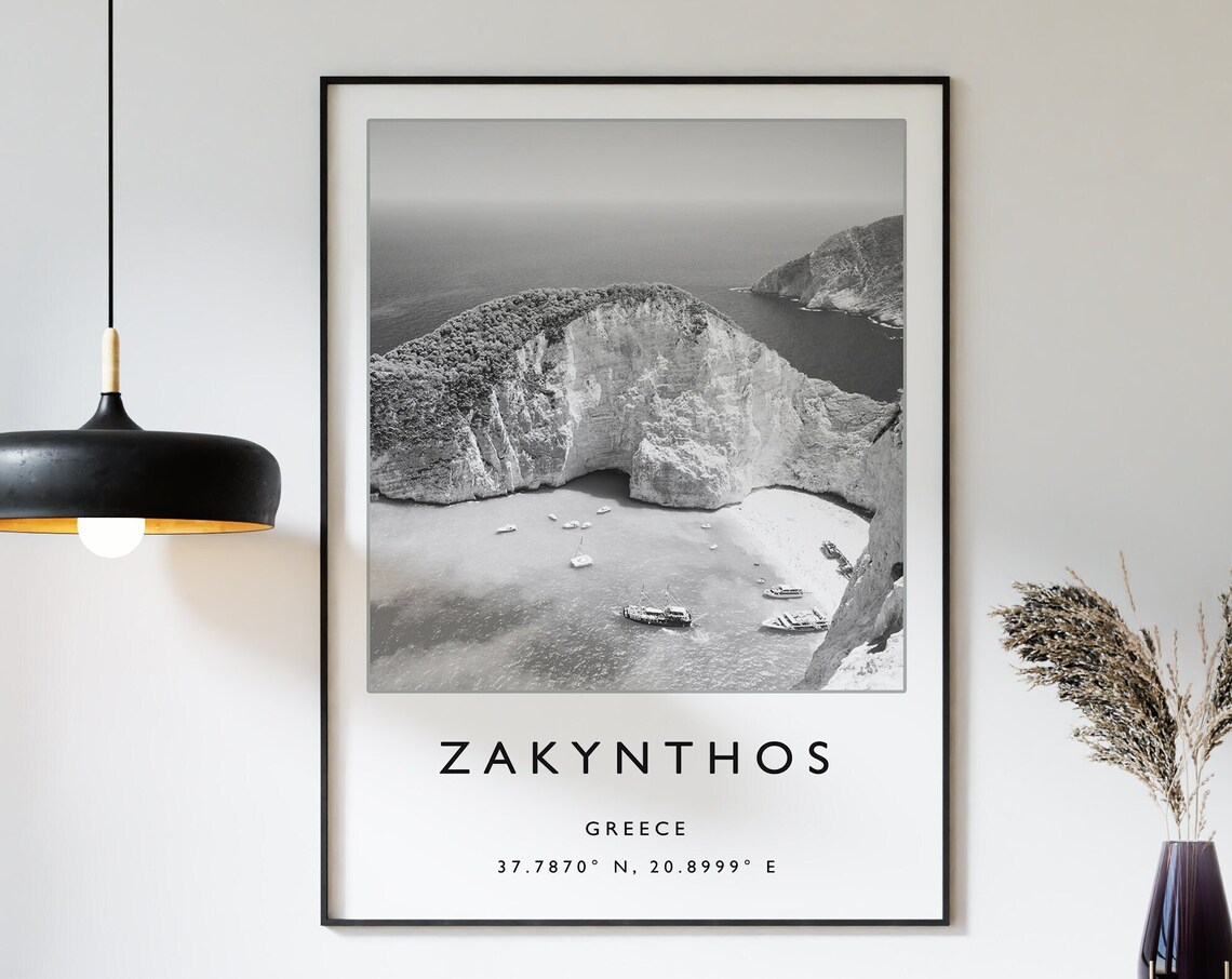 Zakynthos Greece Black And White Cliff Beach Aerial Photo Poster