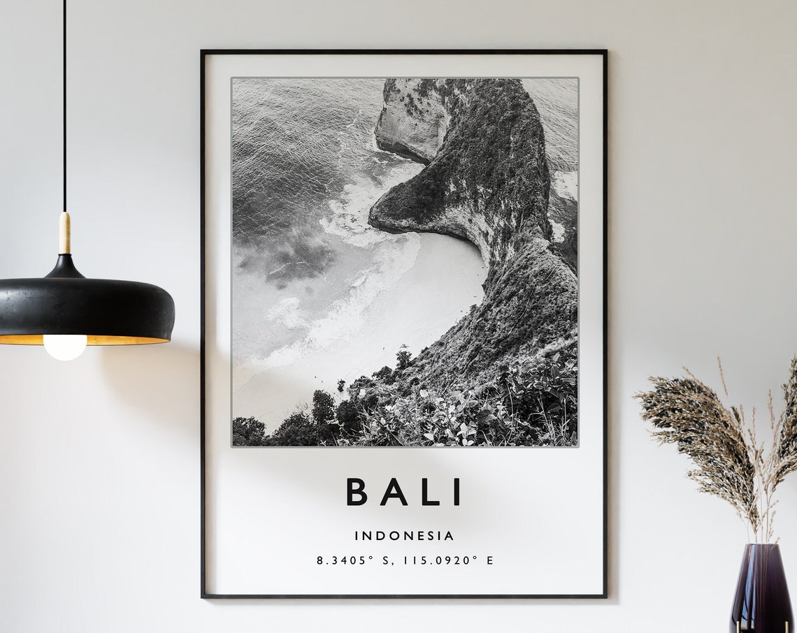 Bali Indonesia Black White Aerial Cliff Coast Coordinates Poster
