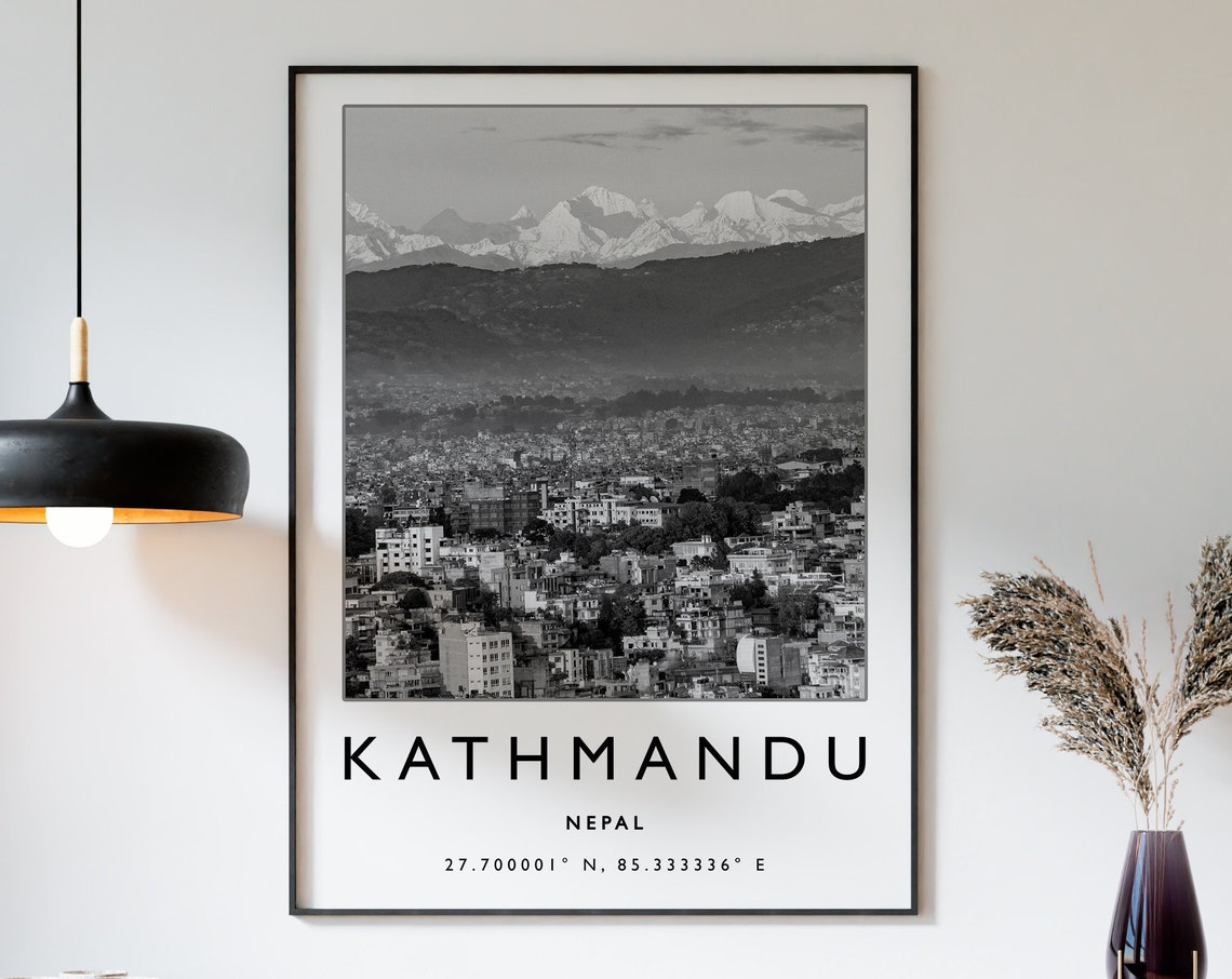 Kathmandu Nepal Black White City Mountains Snowy Himalayan View Poster