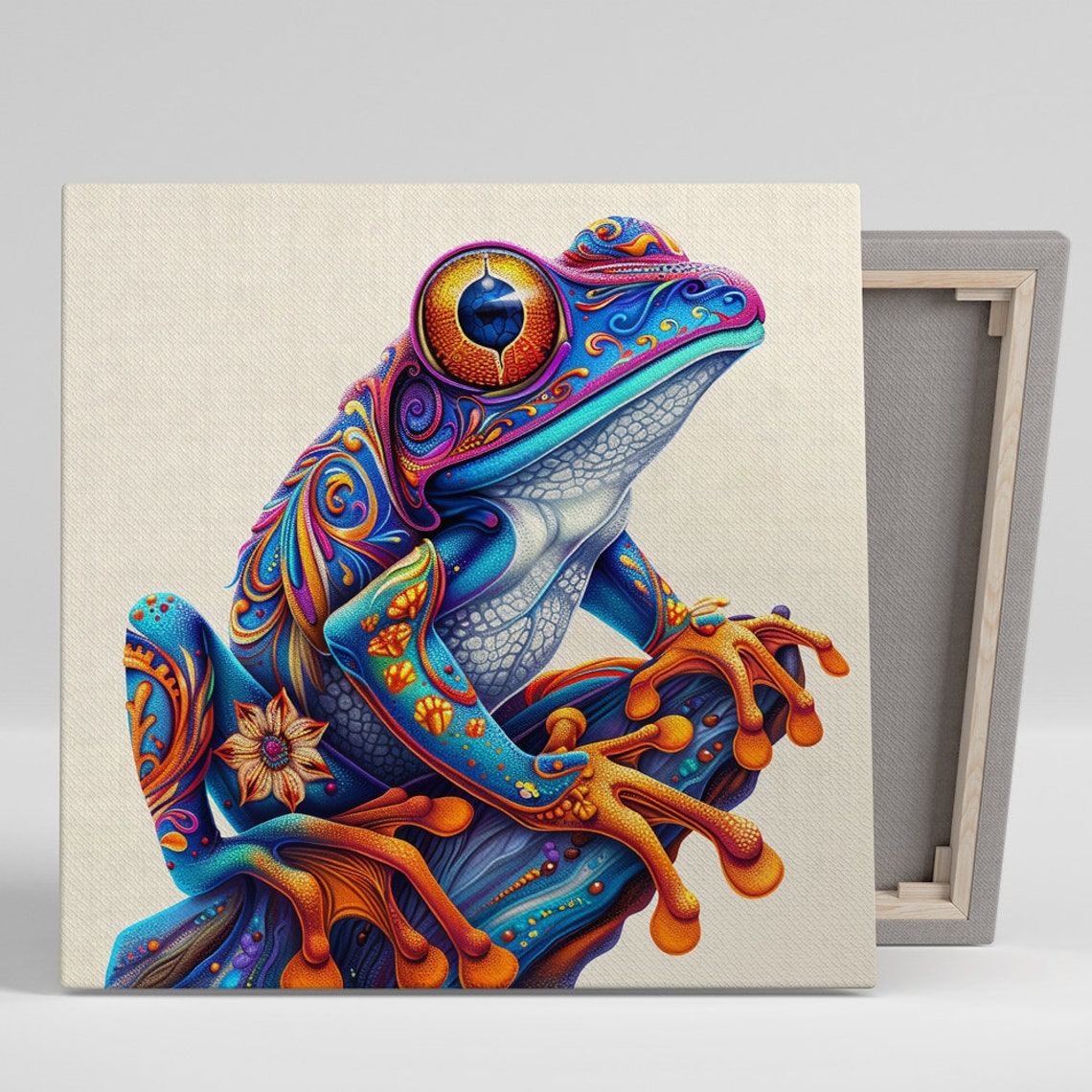 Psychedelic Tree Frog Colorful Blue Orange Boho Style Wall Art
