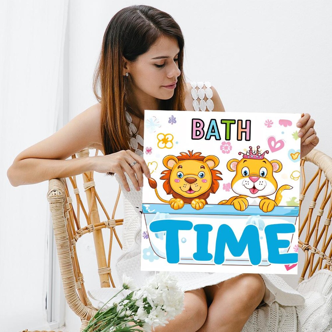 Bath Time Lion Tiger Cubs Cartoon Kids Bathroom Fun Animal Art Poster - Image 3