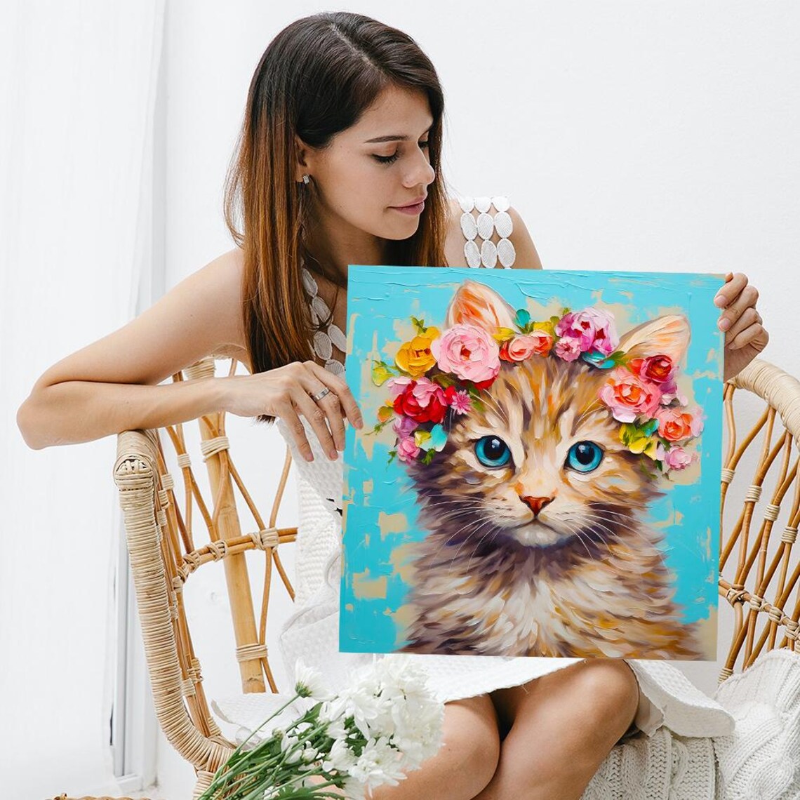 Floral Crown Kitty Art Print, Whimsical Bohemian - Image 3