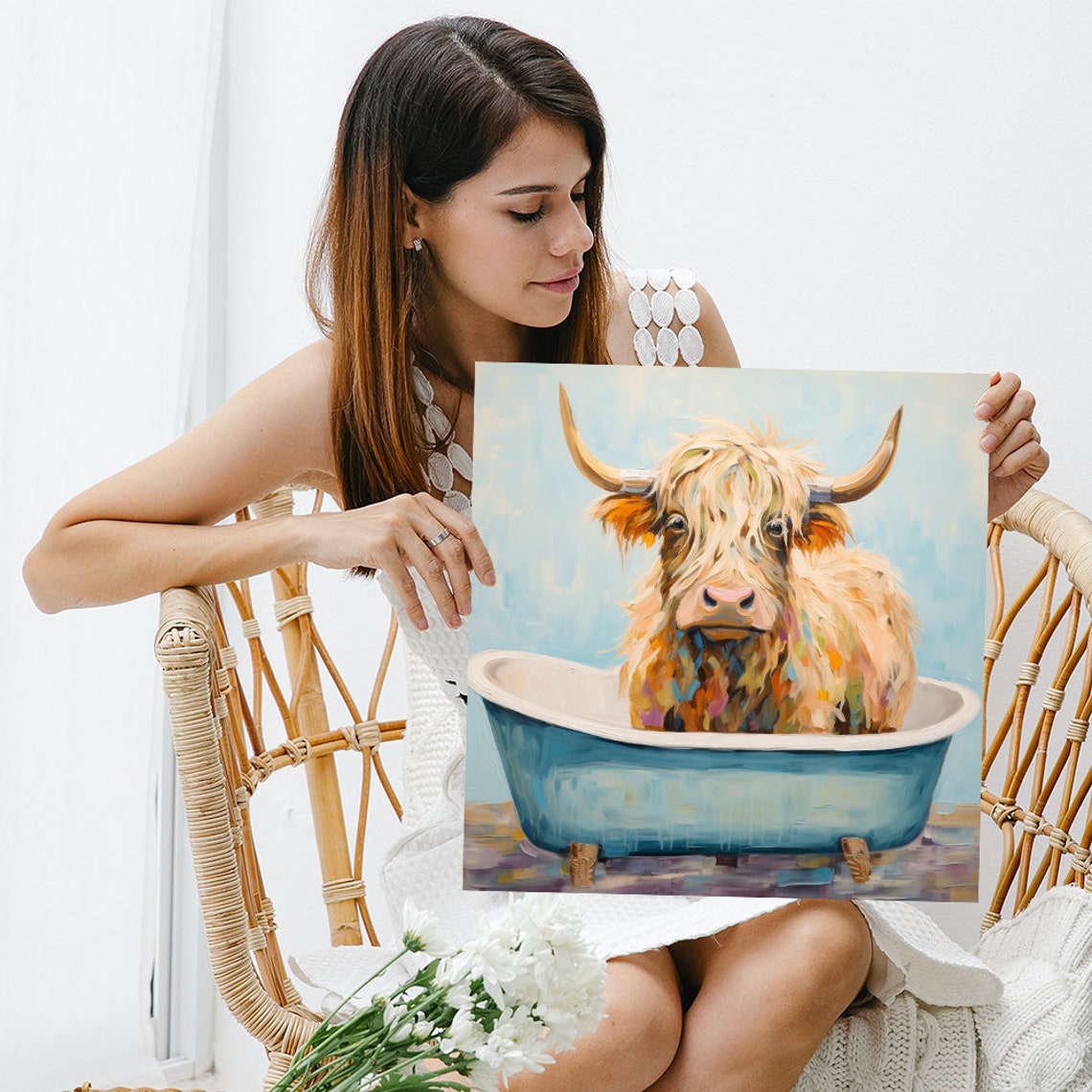 Highland Cow In Blue Bathtub Whimsical Farmhouse Wall Art Poster - Image 3