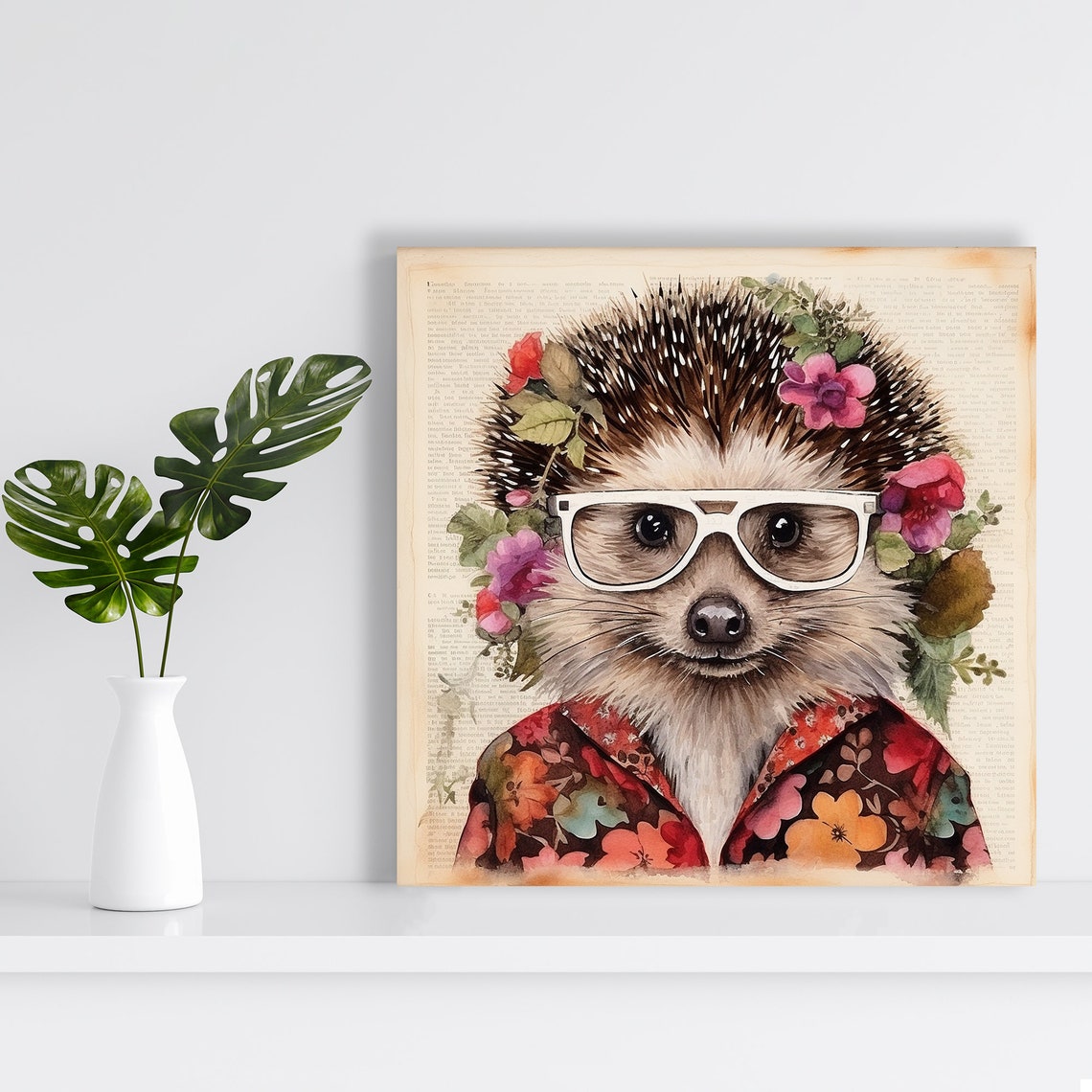 Hipster Hedgehog With White Glasses and Floral Shirt Whimsical Poster - Image 2