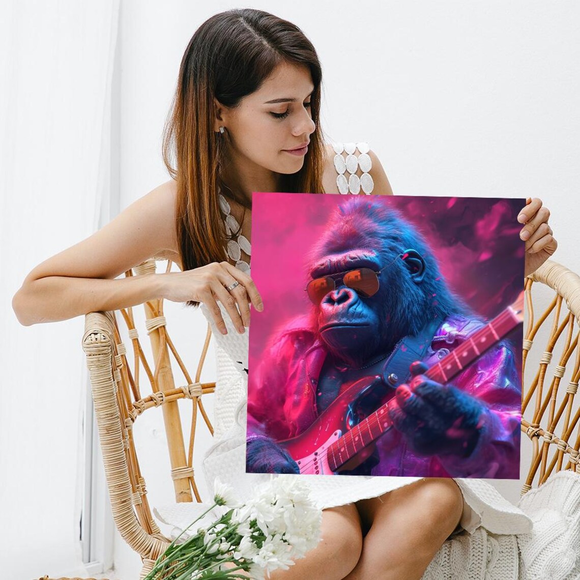 Gorilla Rockstar Playing Electric Guitar Neon Pink Sunglasses Music Poster - Image 3