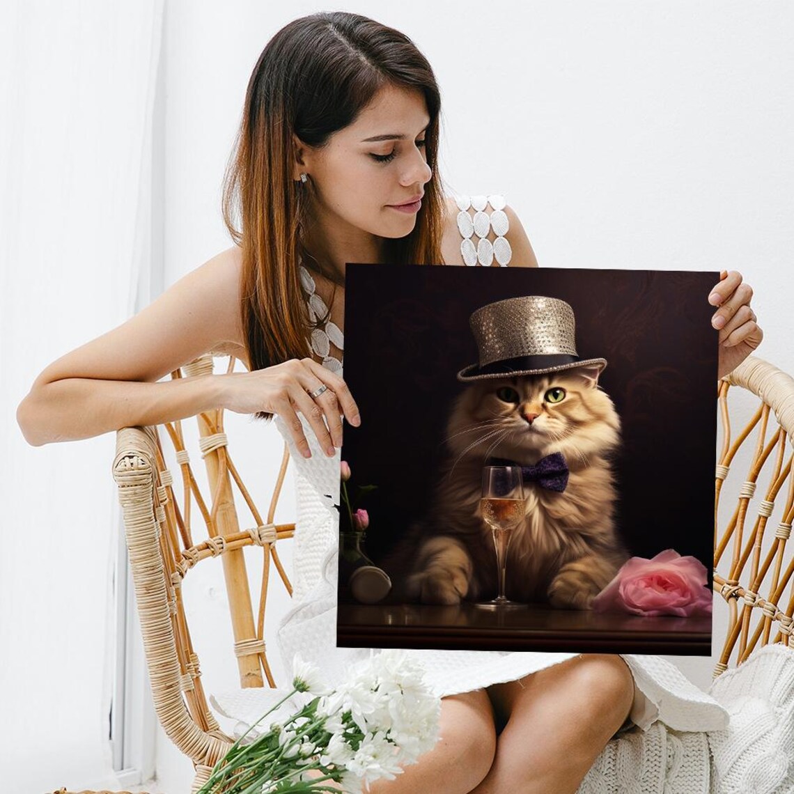 Glamorous Cat in Top Hat Bow Tie Champagne Vintage Chic Cat Wall Poster - Image 3