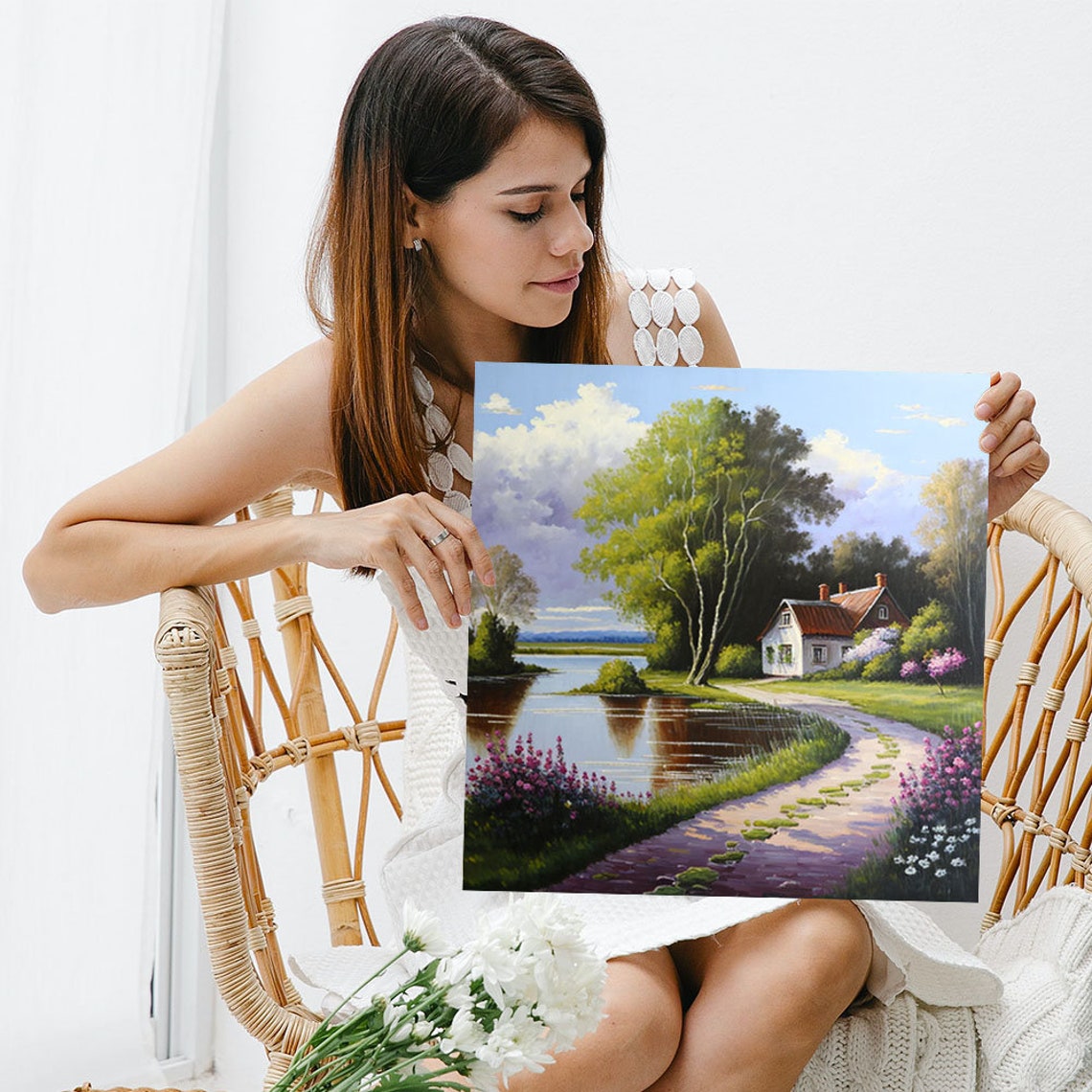 Lakeside Red Roof Cottage Winding Flower Path Serene Landscape Poster - Image 3