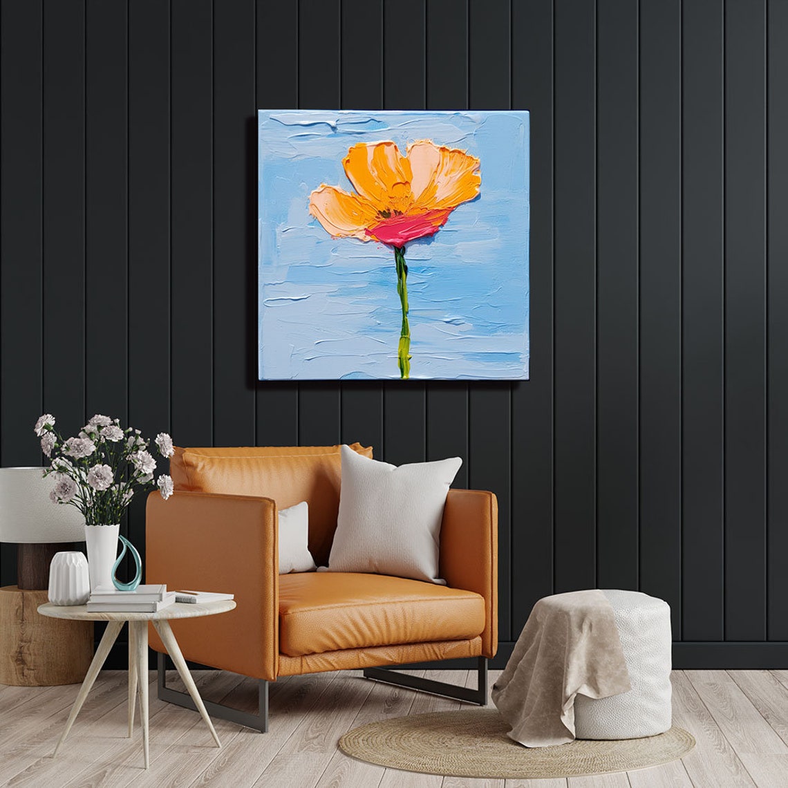 Single Orange Poppy On Blue Minimalist Impasto Flower Canvas Poster - Image 4