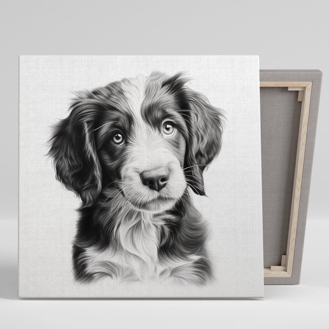 Black White Puppy Portrait Floppy Ears Sketch Style Cute Dog Poster