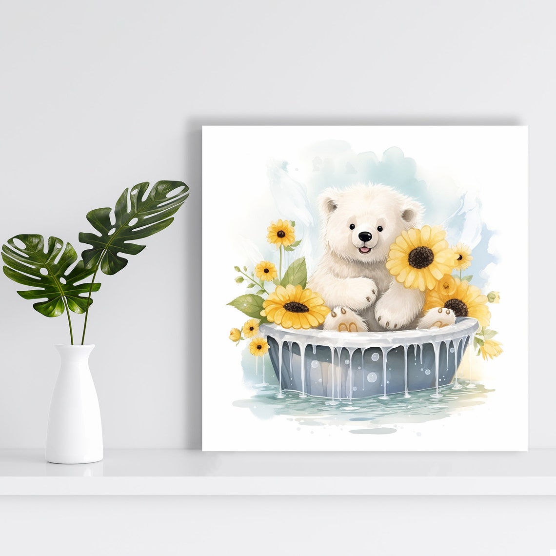 Smiling Polar Bear Cub Bathing Tub Sunflowers Soft Watercolor Poster - Image 2