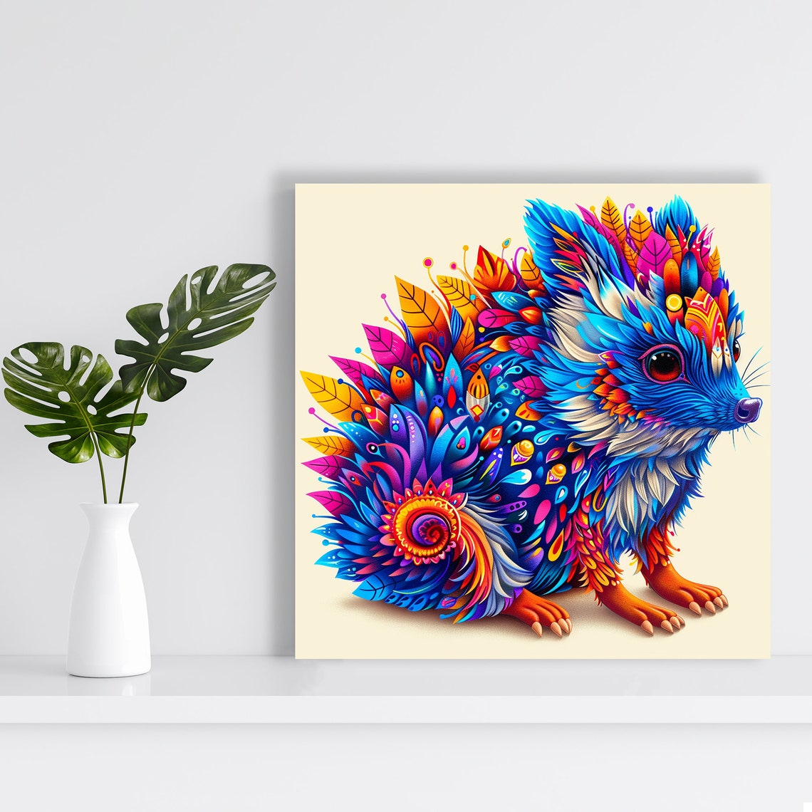 Kaleidoscopic Hedgehog Fantasy Feather Leaf Color Explosion Art Poster - Image 2