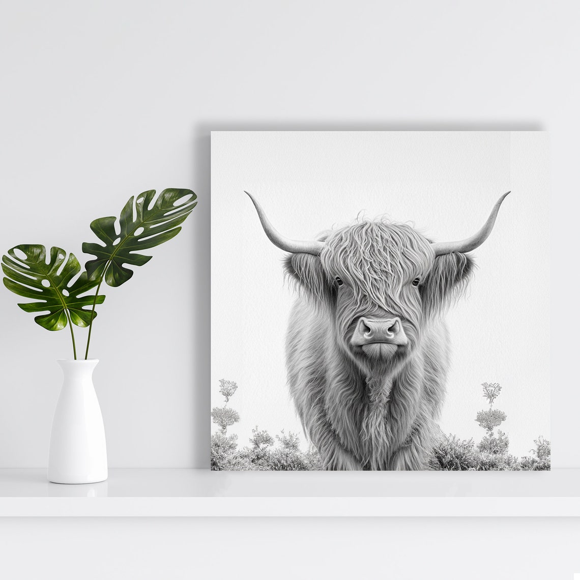 Highland Cow Black White Rustic Farmhouse Shaggy Portrait Wall Art - Image 2