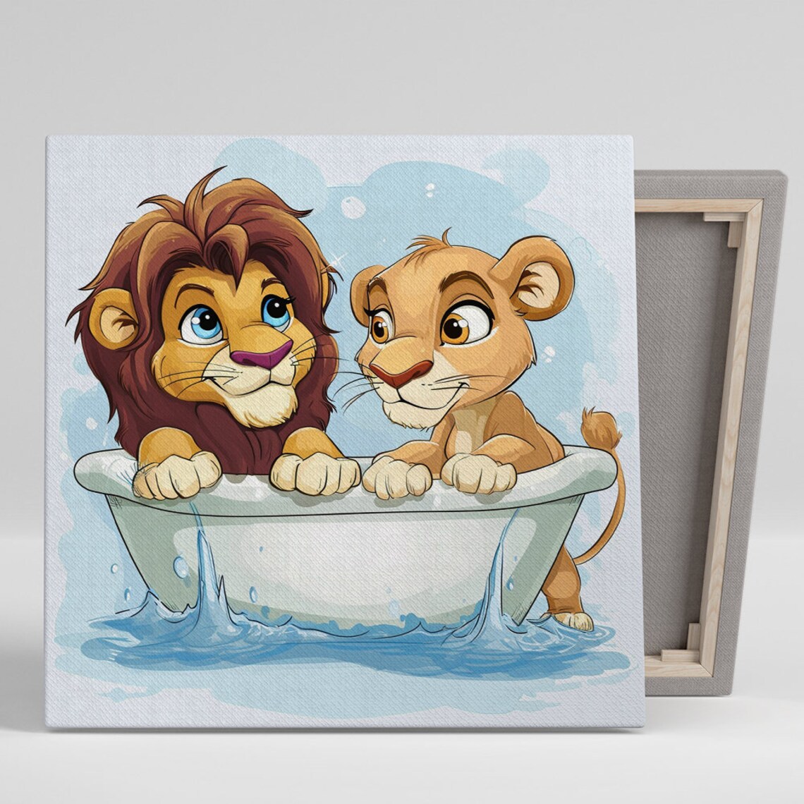 Two Lions In Bathtub Poster Cute Cartoon Lions Nursery Bathroom Wall Art