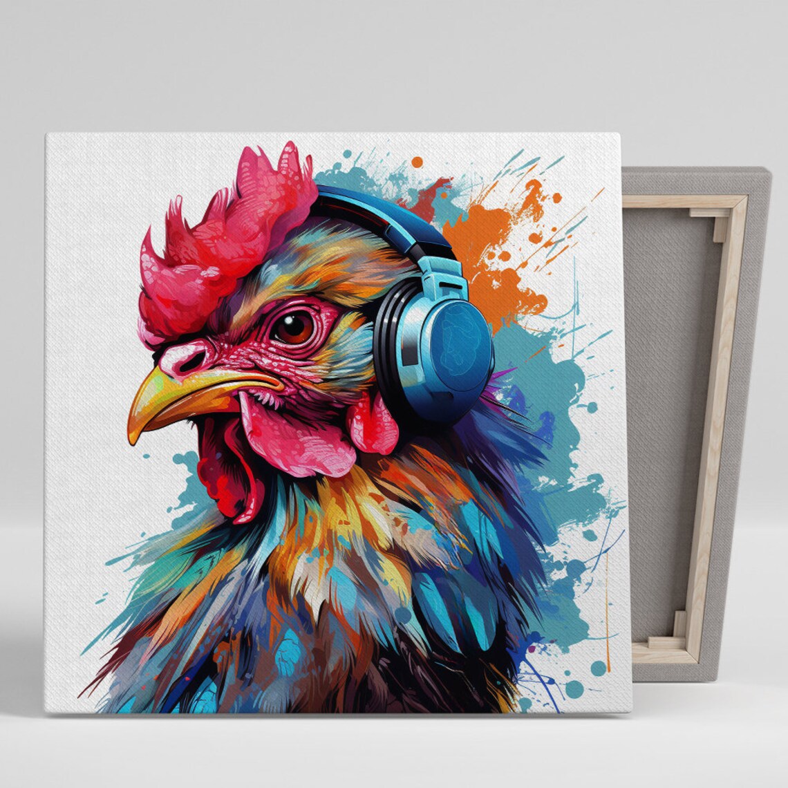 Rooster Wearing Blue Headphones Colorful Pop Art Music Poster