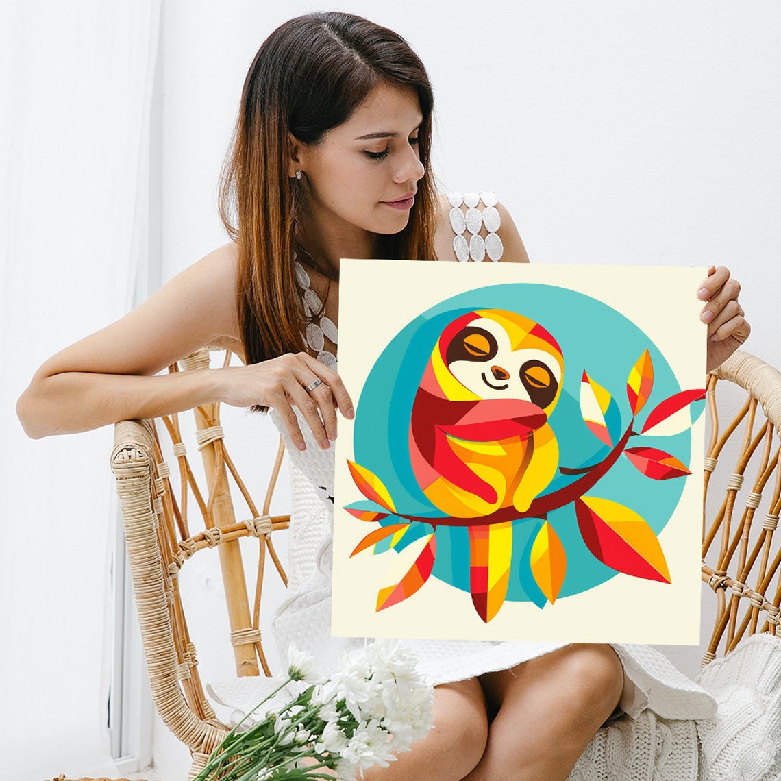 Sleeping Sloth On Branch Geometric Red Yellow Teal Circle Poster - Image 3