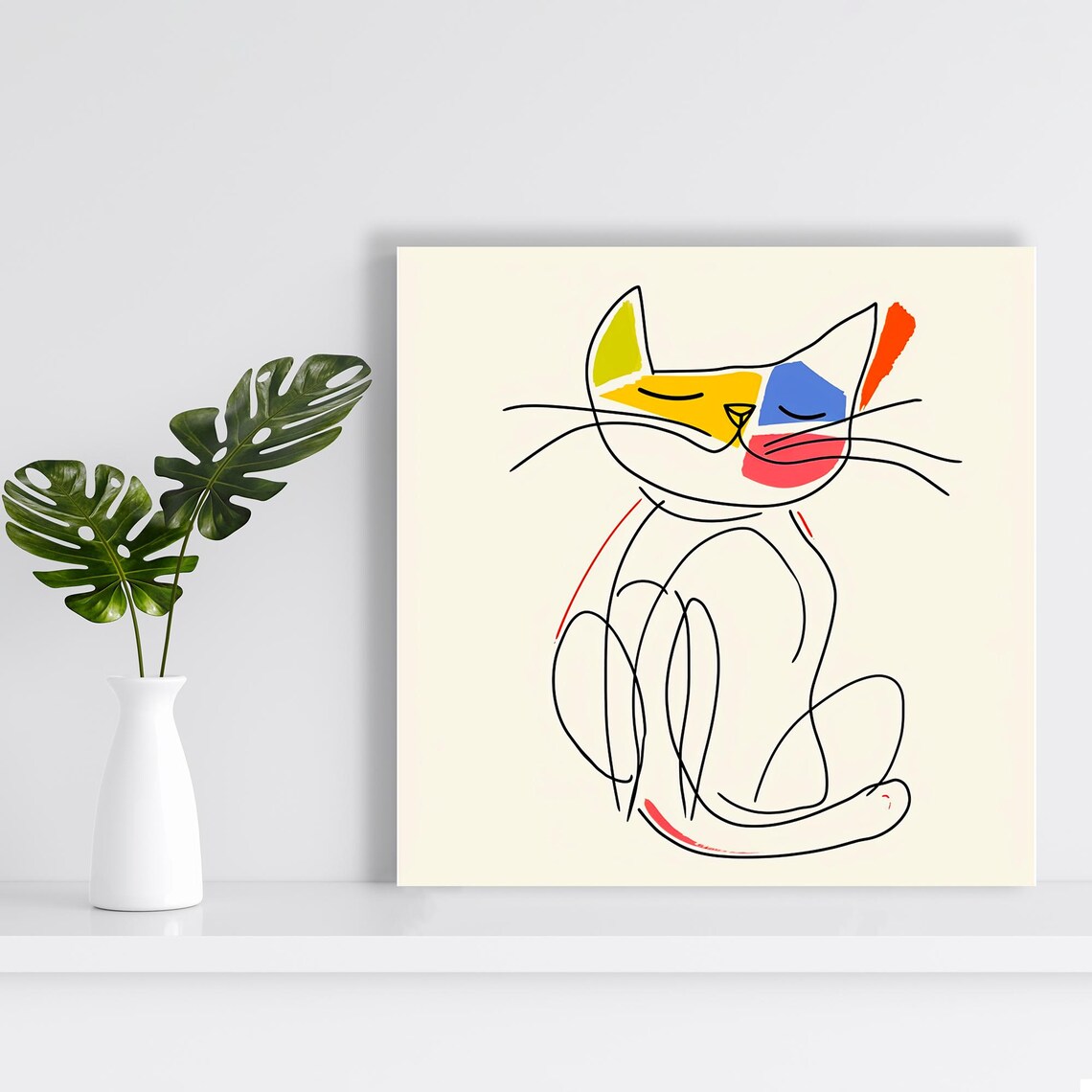 Minimalist Cat Line Drawing Colorful Abstract Modern Scandinavian Wall Art Print - Image 2